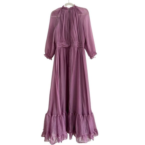 Mac Duggal Chiffon Ruched Illusion Raglan Sleeve Ruffled Gown Lilac Women's 12 - Picture 6 of 10